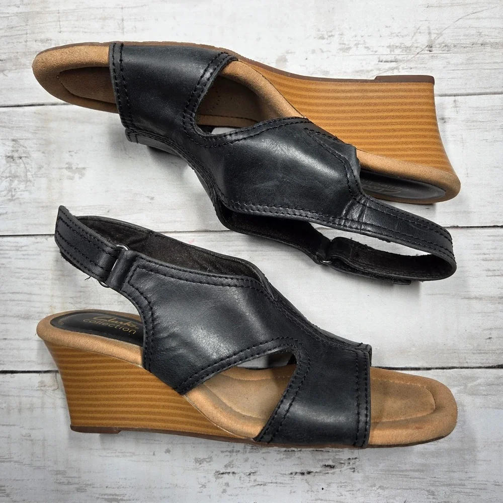 Clarks Collection Ultimate Comfort Wedge Sandal Women 7.5 Black Leather Slingbac